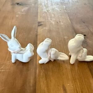 Set of 3 Yoga Bunny Figurines • White Ceramic • Easter Decor • Ear Repairs